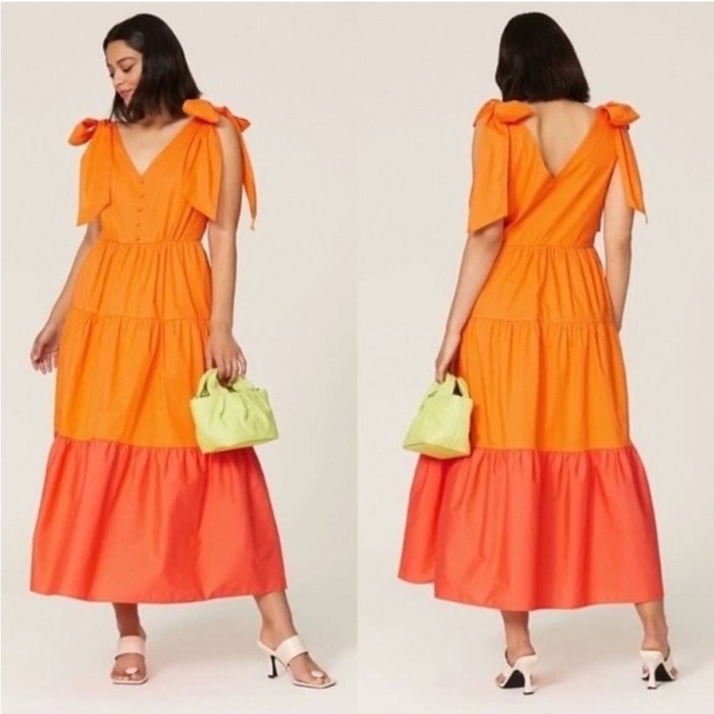 Color Me Courtney Louise Orange Peach Color Block Tiered Maxi Dress Spring Vacay